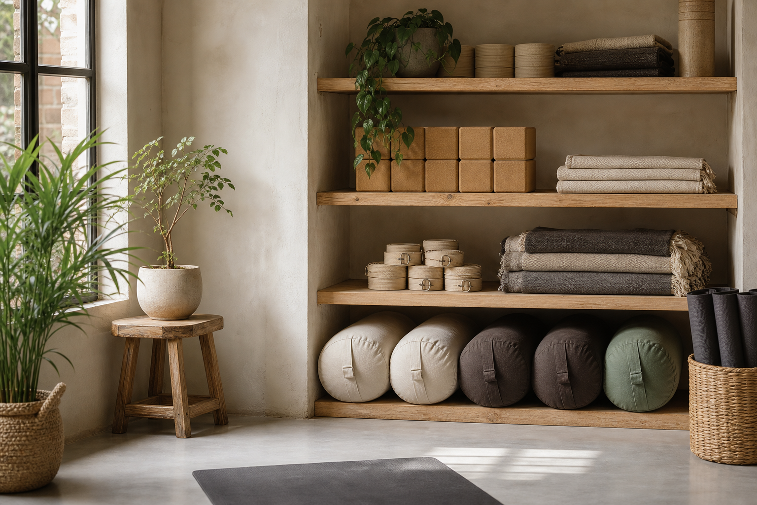 Boutique yoga studio with mats, bolsters, and soft natural light